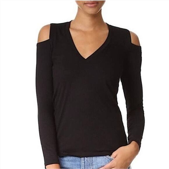 MONROW Cold Shoulder V-Neck Ribbed Long Sleeve Top in Black Large - Picture 1 of 7